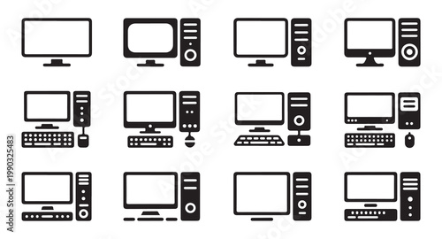 Personal computer hardware symbols showing various monitor designs and server tower units.