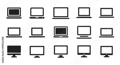 Laptop and desktop monitor icon collection with various screen shapes and stand designs.