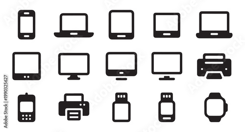 Technology icons for digital devices and communication vector graphics.