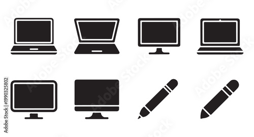 Electronic device icons including laptops monitors and styluses.