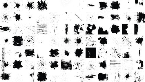 A collection of black ink splatters and smudges on a white background