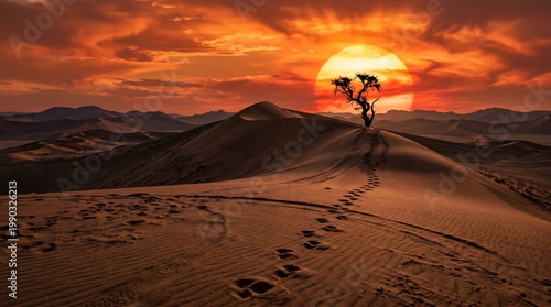 Cinematic desert sunset with sand dunes and lone tree, golden hour wilderness landscape, footprints leading toward horizon under dramatic orange sky