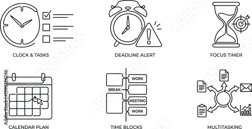 A collection of time management icons and tools for organization and productivity AI, eps, png, jpg. transparent background.
