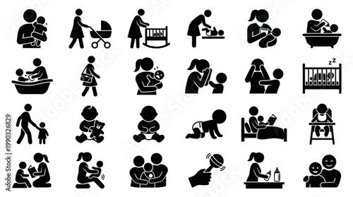 Black Silhouette Baby Care Family Parenting Icon Set Childcare Vector Collection