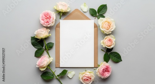 Floral frame mockup pink roses and greenery with blank card