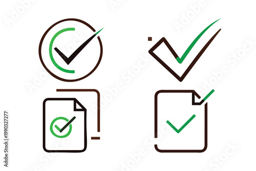 Minimalist document and checklist icons with green check marks signifying verified paperwork and completed administrative procedures.