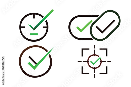 Precision check mark icons featuring target sights and timing symbols to illustrate efficiency accuracy and successful goal reaching.