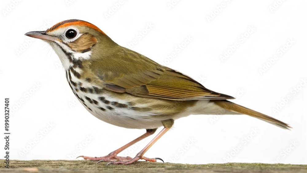 Fototapeta premium Full body studio portrait of an adult Ovenbird (Seiurus aurocapilla) standing isolated on a pure white background.