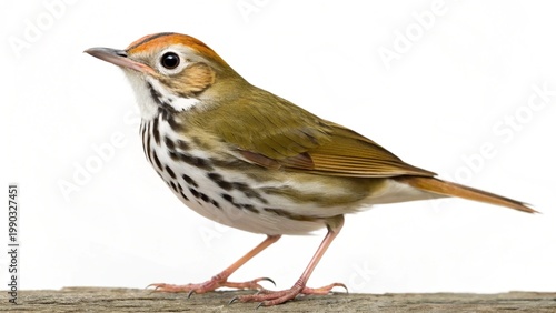 Full body studio portrait of an adult Ovenbird (Seiurus aurocapilla) standing isolated on a pure white background.