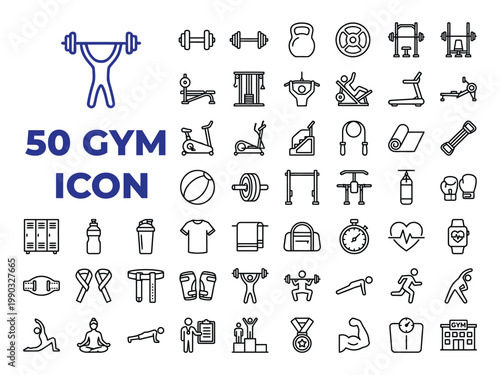Comprehensive set of gym fitness workout outline icons jump rope water bottle t shirt heart rate push up body building personal trainer exercise dumbbell kettlebell treadmill