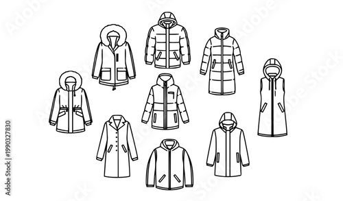 Modern winter outerwear icon collection in circular layout with jackets coats and hooded apparel line style