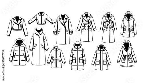 Winter coat and jacket icon set in horizontal layout with modern fashion outerwear line illustrations