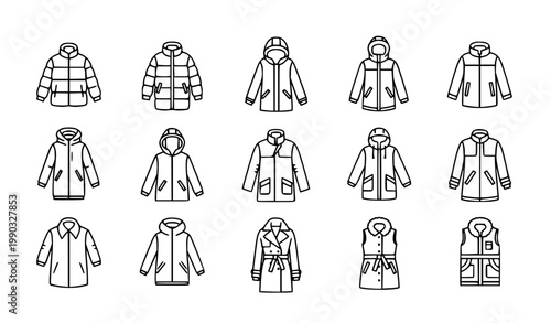 Minimal winter jacket and coat line icon set with puffer parka hooded outerwear for modern UI design