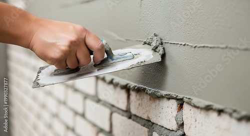 Close-up of hand plastering a brick wall with a metal trowel and cement