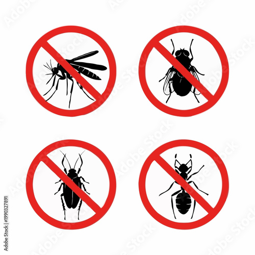 Pest control icons set with mosquito, housefly, cockroach and ant in red prohibition signs