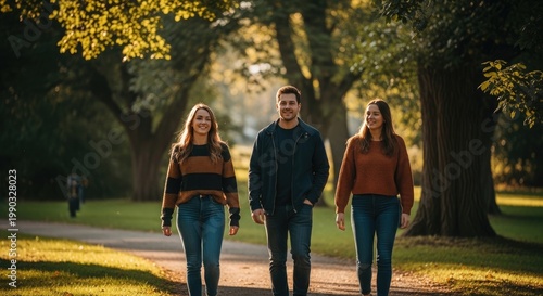 Three people walking down a path under trees in autumn