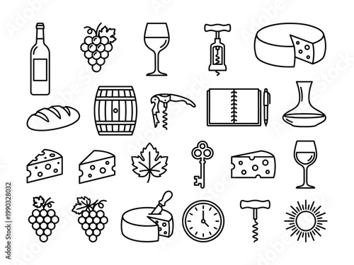 Elegant set of wine cheese gourmet food outline icons culinary corkscrew decanter vineyard production restaurant ingredient beverage agriculture appetizer celebration delicious