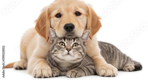 Golden retriever puppy and kitten cuddle an adorable friendship