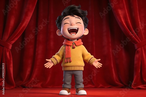 Generative Ai a joyful cartoon boy performing on stage with a big smile