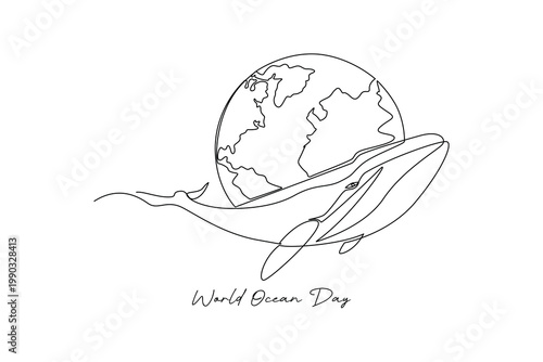 Whale And Planet World Ocean Day. World Ocean day Concept. Single line draw design .Vector Icon graphic illustration