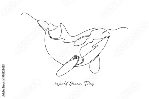 Whale Swimming Ocean World Ocean Day. World Ocean day Concept. Single line draw design .Vector Icon graphic illustration