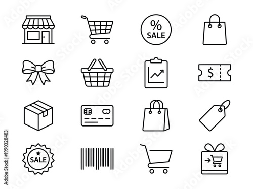 Shopping retail e commerce outline icons collection with e commerce price tag shopping marketing business storefront clipboard credit card purchase delivery discount promotion