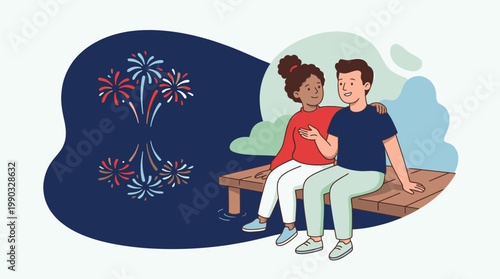 Couple Sitting on Dock Watching Colorful Fireworks Explode in Night Sky on 4th of July Celebration