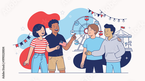 Diverse Group of Friends Celebrating Independence Day with Ferris Wheel in Background at Carnival