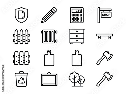General purpose home garden tools everyday objects outline icons with cutting board trash can household calculator radiator picture frame security calculation carpentry chopping recycling