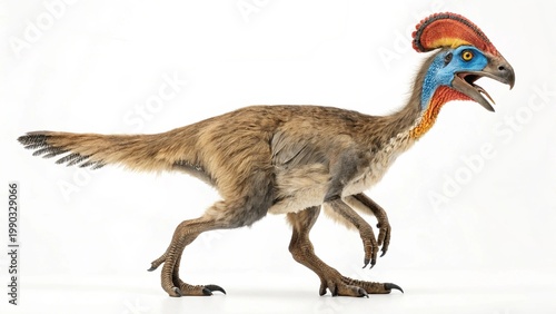 Full body studio portrait of a feathered Oviraptor dinosaur with its distinctive crest and beak, isolated on white background.