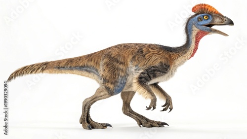 Full body studio portrait of a feathered Oviraptor dinosaur with its distinctive crest and beak, isolated on white background.