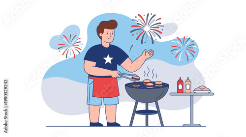 Man Grilling Food Outdoors Celebrating 4th of July with Fireworks in the Background