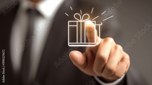 Corporate gift concept with businessman touching digital gift box icon, customer loyalty and reward program, business incentive and bonus strategy