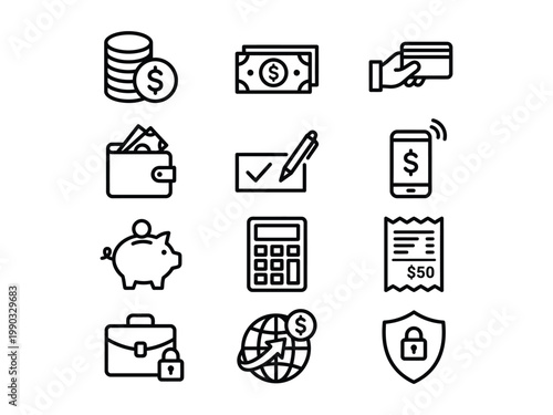 Set of outline icons for financial services banking money transactions payment methods with mobile payment piggy bank online e commerce app line art business credit card