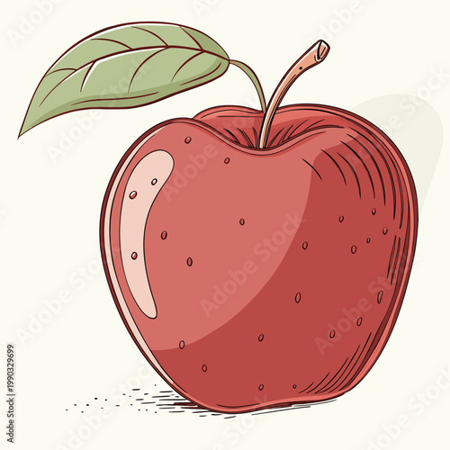 A detailed illustration depicts a vibrant red apple with a single green leaf and stem showcasing a classic fruit depiction high quality professional