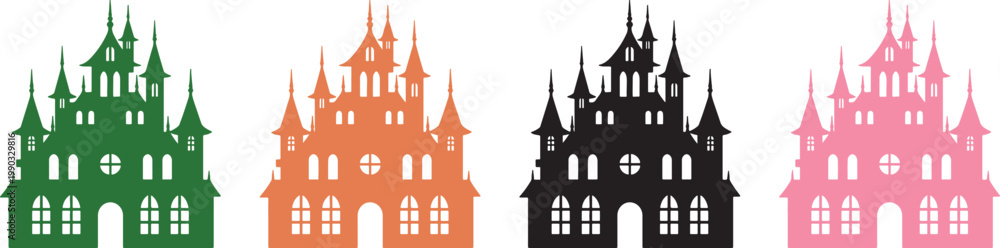 Fototapeta premium Colorful Castle Silhouette Icons – Handmade Vector Illustration with Transparent Background for Decorative and Commercial Use