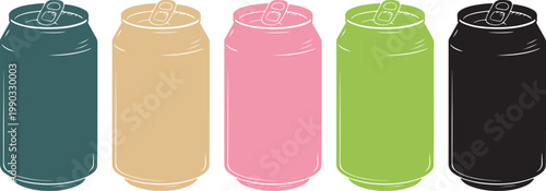 Handmade vector illustration of five colorful aluminum beverage cans in teal, beige, pink, green, and black on transparent background for branding use