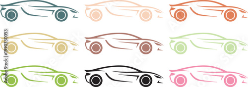 Minimalist colorful car outline icons in grid set, handmade vector illustration with transparent background for modern design use