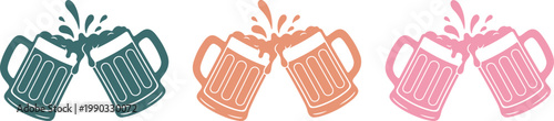 Colorful handmade vector illustration of clinking beer mugs in teal, orange, and pink on transparent background for festive celebration icons