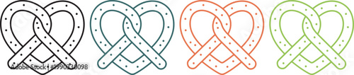 Colorful handmade pretzel icon set with heart-shaped design and salt detail, decorative vector illustration on transparent background