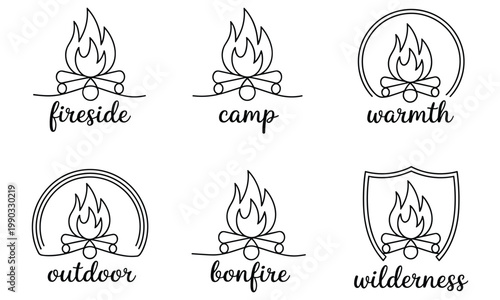 Collection of campfire and fireplace icons with inscribed text labels.