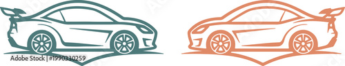 Stylized teal and orange sports car vector icons with aerodynamic spoilers, handmade illustration on transparent background for modern design use