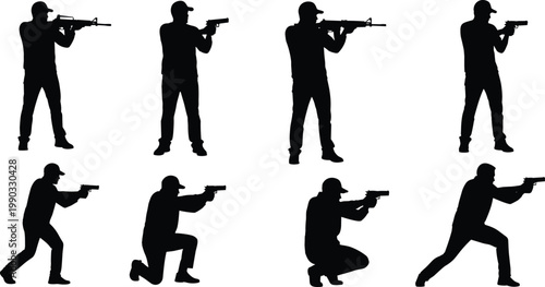 Silhouette Collection of Tactical Men Featuring Armed Figures Aiming Rifles and Handguns in Combat Shooting Poses Isolated on a White Background for Action Design