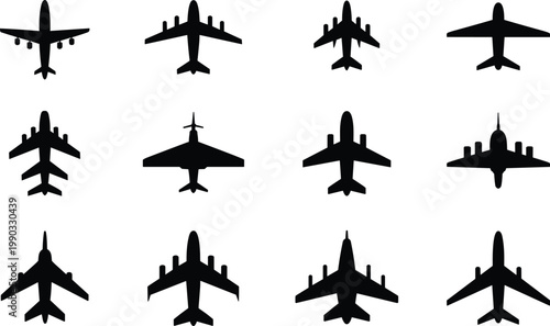 Airplane silhouettes set, passenger aircraft top view icons collection, aviation transport black vector illustration isolated