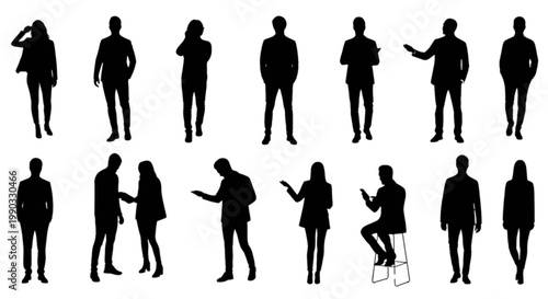 Silhouettes of people in various casual poses and interactions isolated on transparent background, Vector