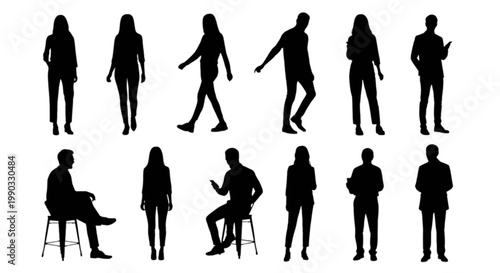 Diverse silhouettes of people in various dynamic poses and interactions isolated on transparent background, Vector