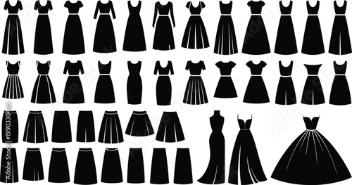 Black silhouette collection of women’s clothing designs, dresses, skirts, and gowns with varied sleeve lengths, necklines, and cuts