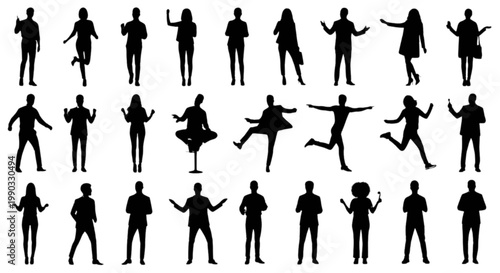 Silhouettes of people in various dynamic poses and activities isolated on transparent background, Vector