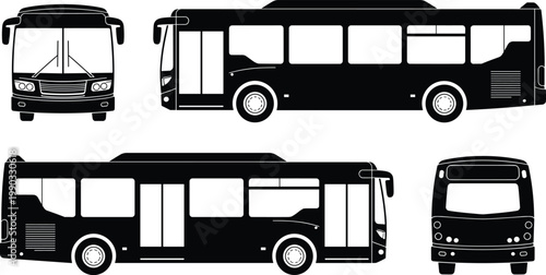 City bus silhouette set, public transport vehicle front side rear views, black isolated vector illustration collection