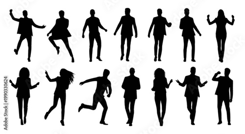 Diverse silhouettes of people in dynamic action poses against plain background isolated on transparent background, Vector